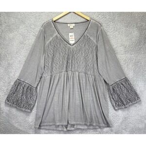 Style & Co Womens Top Gray‎ Embroidered Floral Peasant Bell Slvs Boho 2X NWT